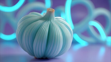 Obraz premium A light-blue, stylized, 3d rendering of a bulbous vegetable with intricate, undulating textures, set against a background of glowing, blue neon lights.