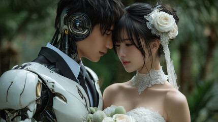 A handsome robot get married with beautiful asian woman in white dress , futuristic wedding.