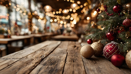 mesa de madera a modo de expositor para productos, abol de navidad con bolas billantes rojas y doradas, uces navideñas y fondo desnfocado de restaurante. Cocepto cenas y celebracione navideñas