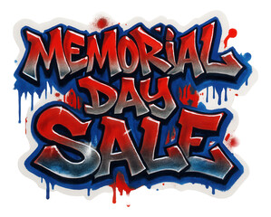 Bold graffiti sticker with MEMORIAL DAY SALE in vibrant red and blue, dynamic retail discount promotion on transparent background.