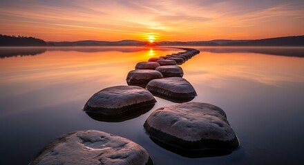 Sunrise Path with Lake Rocks, and Calm Dawn.