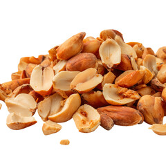 Pile of roasted peanuts halves ready to eat as a healthy snack food item isolated on transparent background