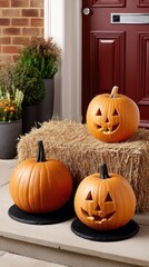 Obraz premium Collection of carved pumpkins arranged on a hay bale in front of a red door during the fall season