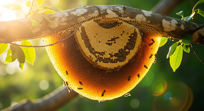 Golden hour sunlight shines on a large, wild honeycomb hanging from a lush green tree branch