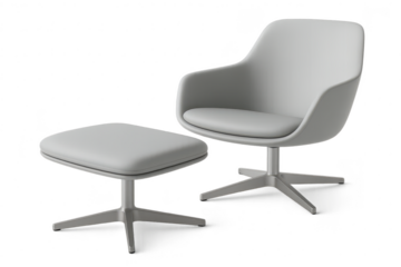 Sleek light grey armchair and ottoman isolated on transparent background