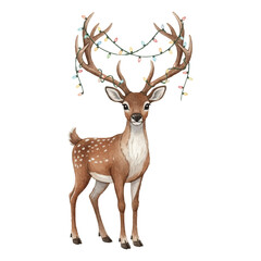 Cute christmas deer, gentle fawn with garland on antlers vector illustration. Image of cute forest deer with light string.