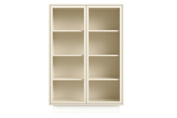 Modern empty beige wall cabinet with shelves, isolated on transparent background