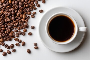 Naklejka premium A white coffee cup with a black liquid in it sits on a white plate with coffee b