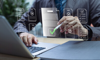 Businessman using laptop for digital document management paperless approval representing workflow automation business process efficiency project authorization and corporate management approval concept