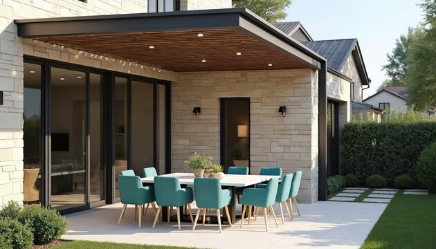 Modern patio dining set with teal chairs under stone house pergola. Outdoor furniture for summer gatherings, meals on terrace. Contemporary architecture, backyard living, suburban home exterior.