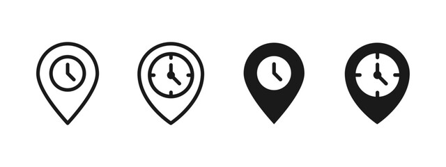 Time location icon. Map pin with clock face vector illustration. GPS navigation symbol. Destination point for schedule or appointment sign.