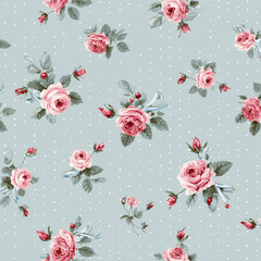 Charming floral pattern with soft pink roses and polka dots