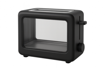 Modern black toaster with clear window, isolated on transparent background, kitchen appliance