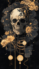 Gothic Japanese-style artwork of a human skull surrounded by golden flowers and lanterns, with smoky, dark background. Elegant composition with strong themes of death and spiritual beauty.