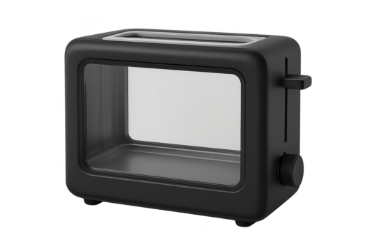 Modern black toaster with clear window, isolated on transparent background, kitchen appliance