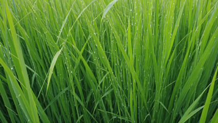 Naklejka premium Close-up of Green Rice Stalks with Water Droplets