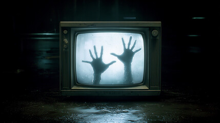 Creepy digital illustration of a vintage television in a dark room, with glowing screen showing eerie shadow hands pressing from inside, evoking horror and suspense themes.