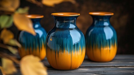 The vases are artfully arranged on a wooden table.