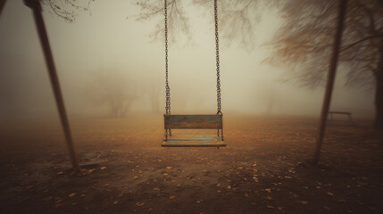 Moody autumn scene of a rusty swing suspended in a foggy park, surrounded by fallen leaves and soft golden light.