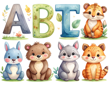 Firefly_-Alphabet letters with cute animals, transparent PNG