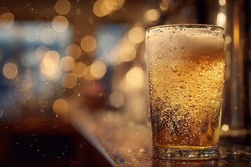 Close-up of a glass of beer with bubbles on a wooden bar counter with blurred warm lights in the background.