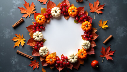 Festive Autumn Wreath Minimalist White Canvas Surrounded by Vibrant Pumpkins, Cranberries & Maple Leaves on Dark Background