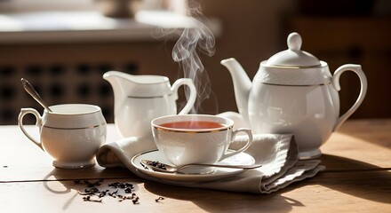 Steaming Cup of Tea with Elegant Tea Set
