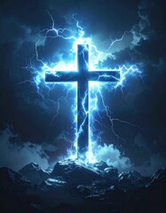A glowing cross surrounded by dramatic lightning in a dark, stormy sky, symbolizing power and spirituality.