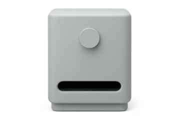 Minimalist gray cube device with a circular knob and slot, isolated on transparent background