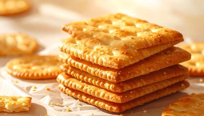 Stack of round golden-brown scalloped crackers with small surface holes, arranged vertically with two leaning on each side, showcasing a crisp, appetizing snack