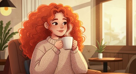 Cartoon illustration of a woman with red curly hair enjoying a beverage indoors