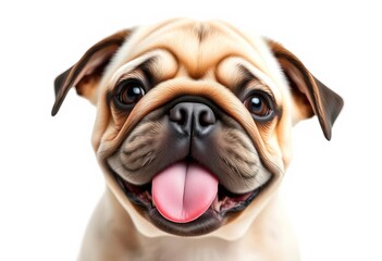 Obraz premium A playful pug puppy with a wrinkled face, sticking out its tongue, isolated on white, pug face, dog