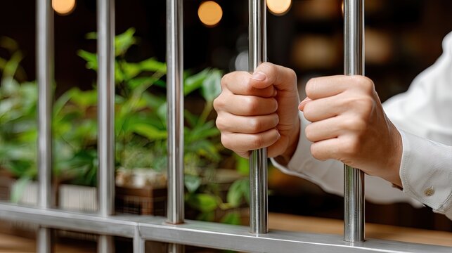 Hands gripping prison bars in a dimly lit environment with indoor plants, conveying a sense of confinement and isolation during the evening