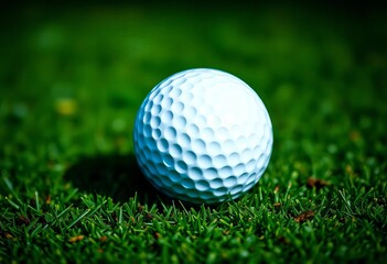 Fototapeta premium A pristine golf ball rests on a lush green putting surface, dimpled, course