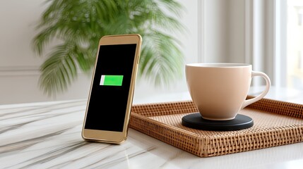 Green battery charging symbol on smartphone beside a cup of coffee on a wooden tray in a bright indoor setting