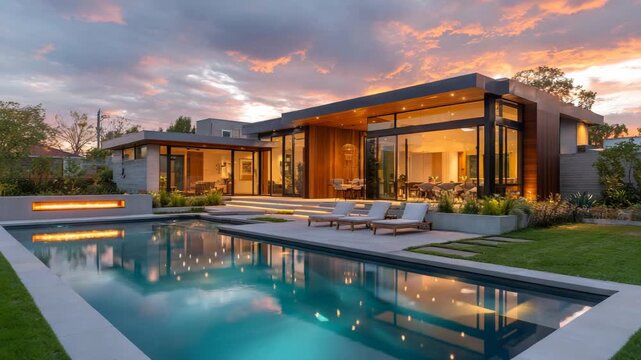 Stunning contemporary residence with infinity pool and outdoor fireplace at sunset, showcasing modern luxury living