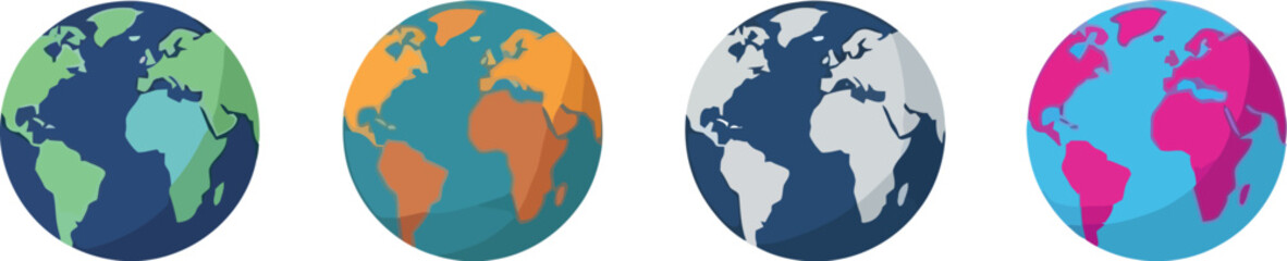 Four stylized globes representing earth's diverse continents and oceans in vibrant colors vector