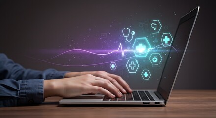Hands typing on laptop with holographic medical icons and ECG line, digital healthcare telemedicine technology concept