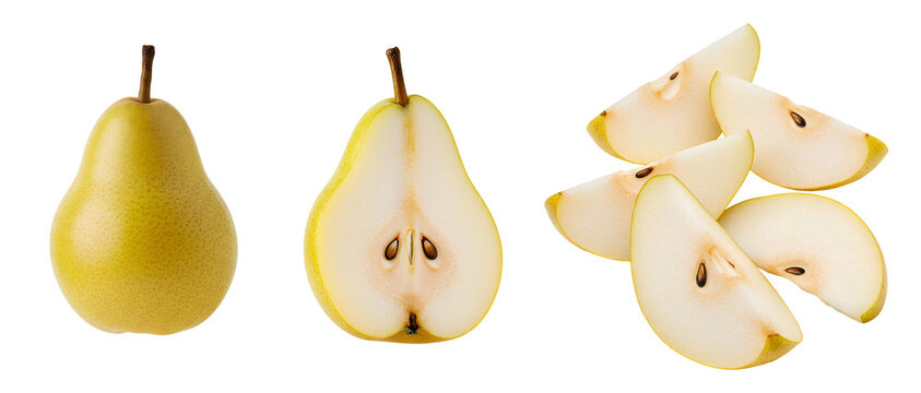 Pear fruit set PNG. Whole pear isolated. Ripe pear cut in half isolated. Pear fruit slice top view isolated. Organic, vegan and vegetarian pears png