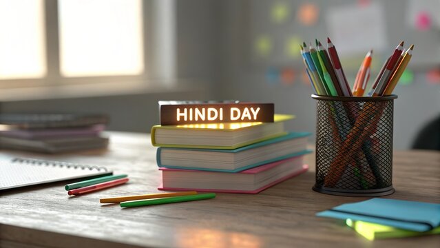 A glowing desk arrangement with neatly placed pens - Powered by Adobe