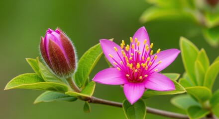 Vibrant Pink Flower Blooming Beside a Bud on a Branch with Green Leaves