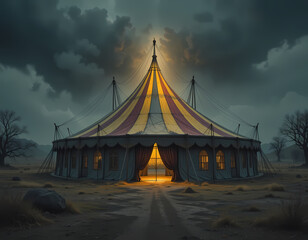 Mysterious spooky circus tent at night under dark cloudy sky. ominous entertainment big top show glowing with strange creepy light