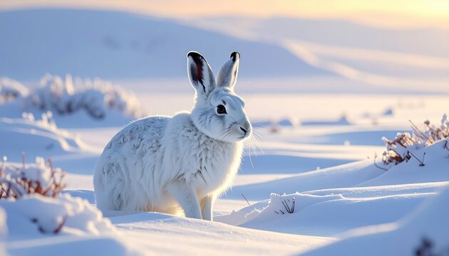 A serene arctic hare amidst a pristine snow-covered landscape, bathed in soft sunlight.