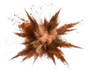 A photo of a dramatic explosion or dispersion of a reddish-brown powdery substance against a transparent background.