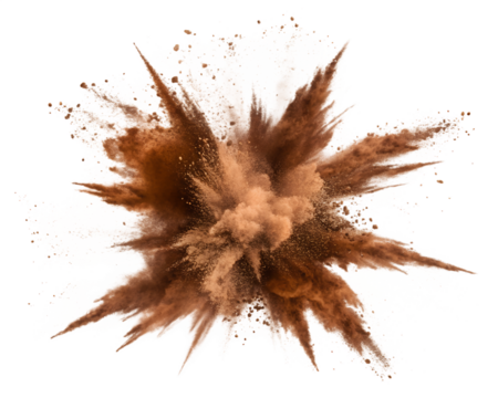A photo of a dramatic explosion or dispersion of a reddish-brown powdery substance against a transparent background.