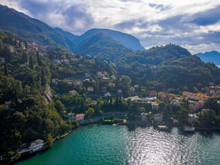 Aerial landscape of Varenna villa Lago di Como Lake in Italian Alps fall in Lombardy Italy