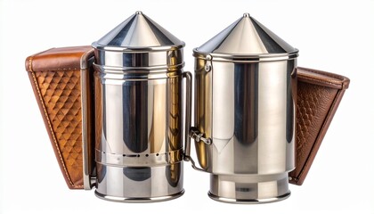Stainless steel bee smoker with conical top, spout, and leather bellows, designed for calming bees during hive inspection and honey harvesting