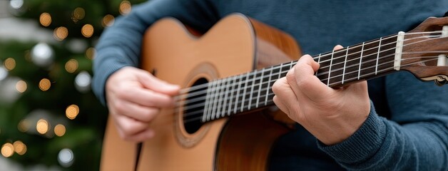 Obraz premium Man playing guitar with Christmas tree in background during winter holiday season celebration