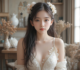 Serene beautiful young Asian woman with long hair and flower crown looks gently at camera in soft, natural indoor lifestyle setting