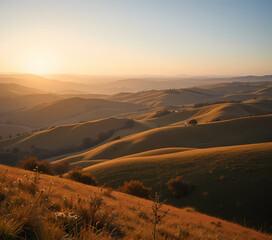 Peaceful golden hour sunset over rolling hill landscape in Tuscany, Italy. serene and beautiful country scene with warm light and shadow